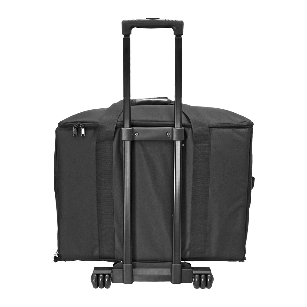 Rear view of extra large sewing machine trolley bag with telescopic handle and dual wheels