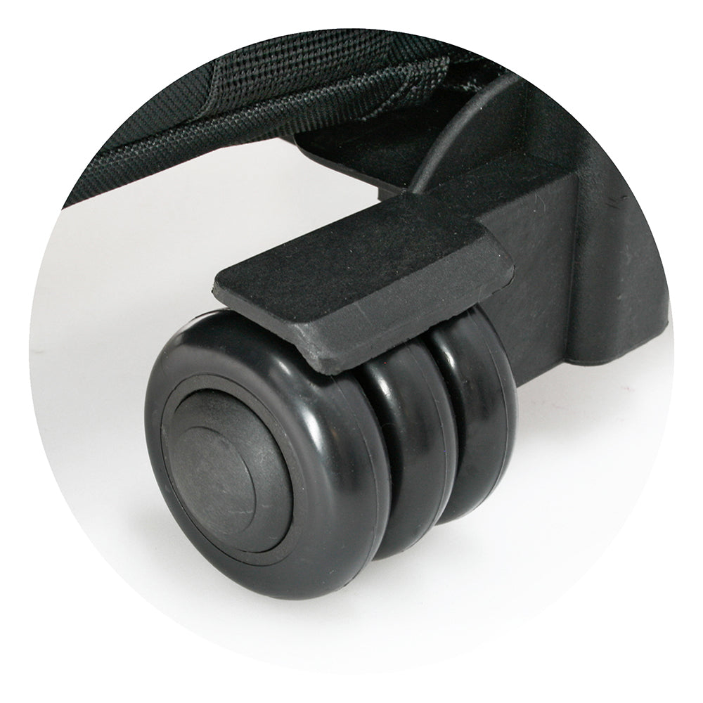 Close-up of dual wheels on extra large sewing machine trolley bag