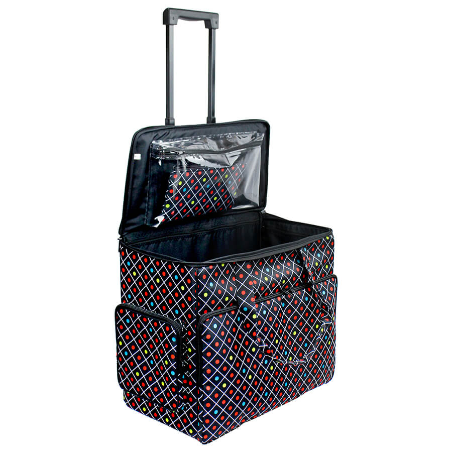 Open Birch sewing machine trolley tote showing clear zipped lid pocket and main compartment
