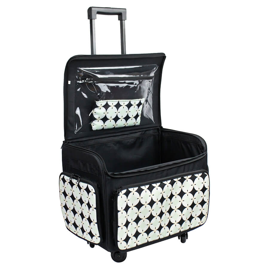 Open Birch monochrome sewing machine trolley with clear internal organiser pocket