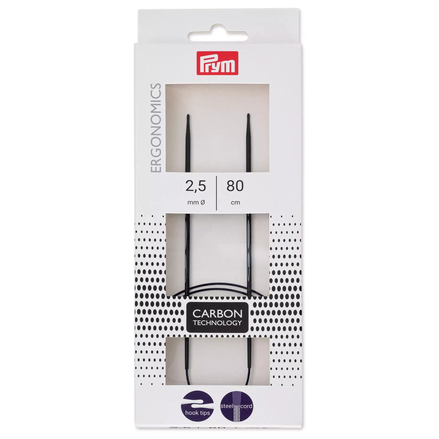 Detail of Prym Ergonomics carbon knitting needle tips and violet cable