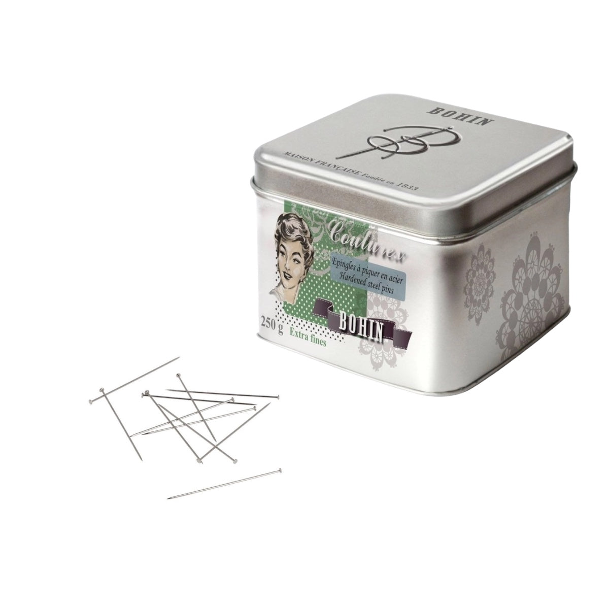 BOHIN Couturex 43312 extra-fine dressmaker pins in 250g metal tin
