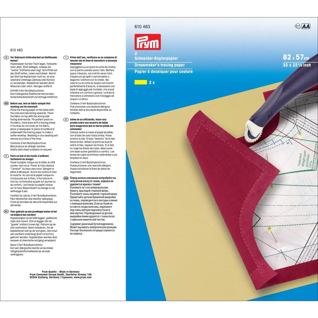 Prym Dressmakers Tracing Paper Yellow – Large Sheets for Pattern Marking & Drafting