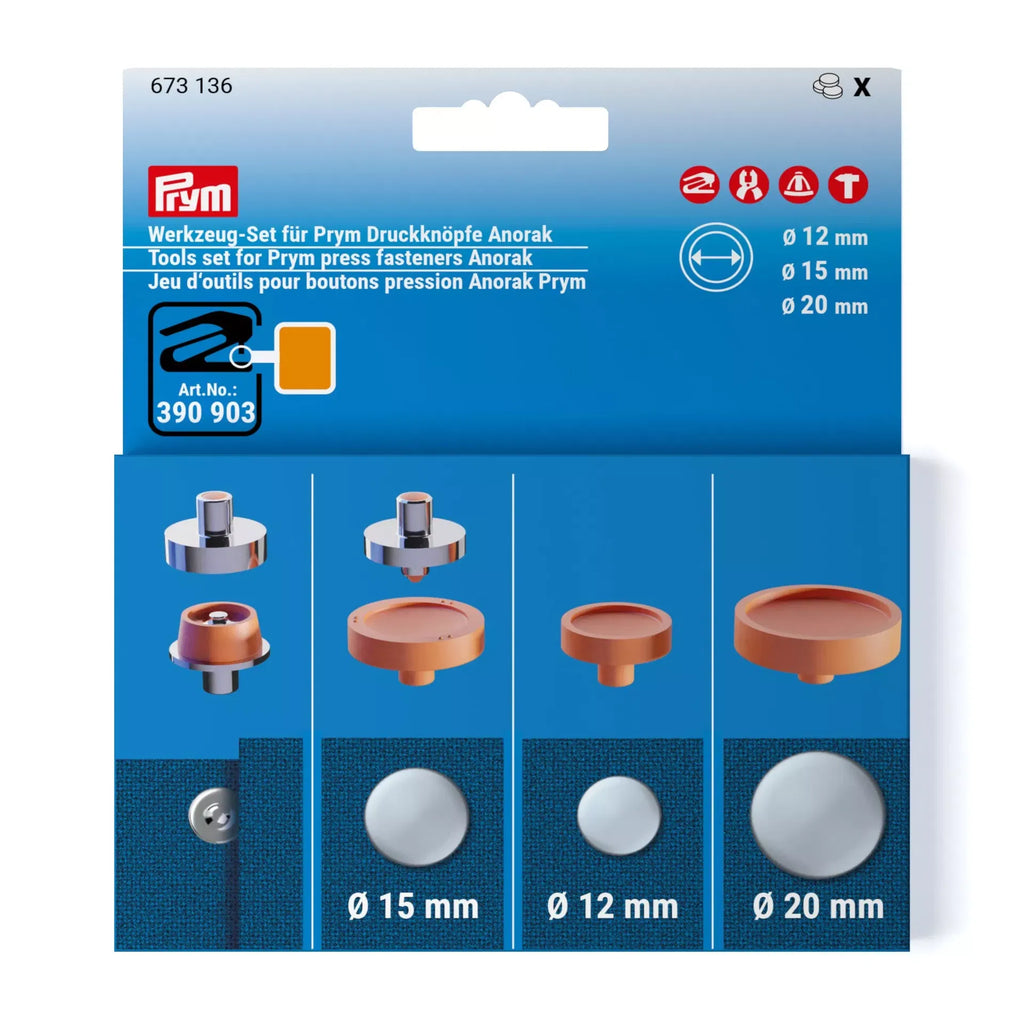 Prym VARIO Tool Set for Press Fasteners Anorak Ø12/15/20 mm – 6-Piece Kit