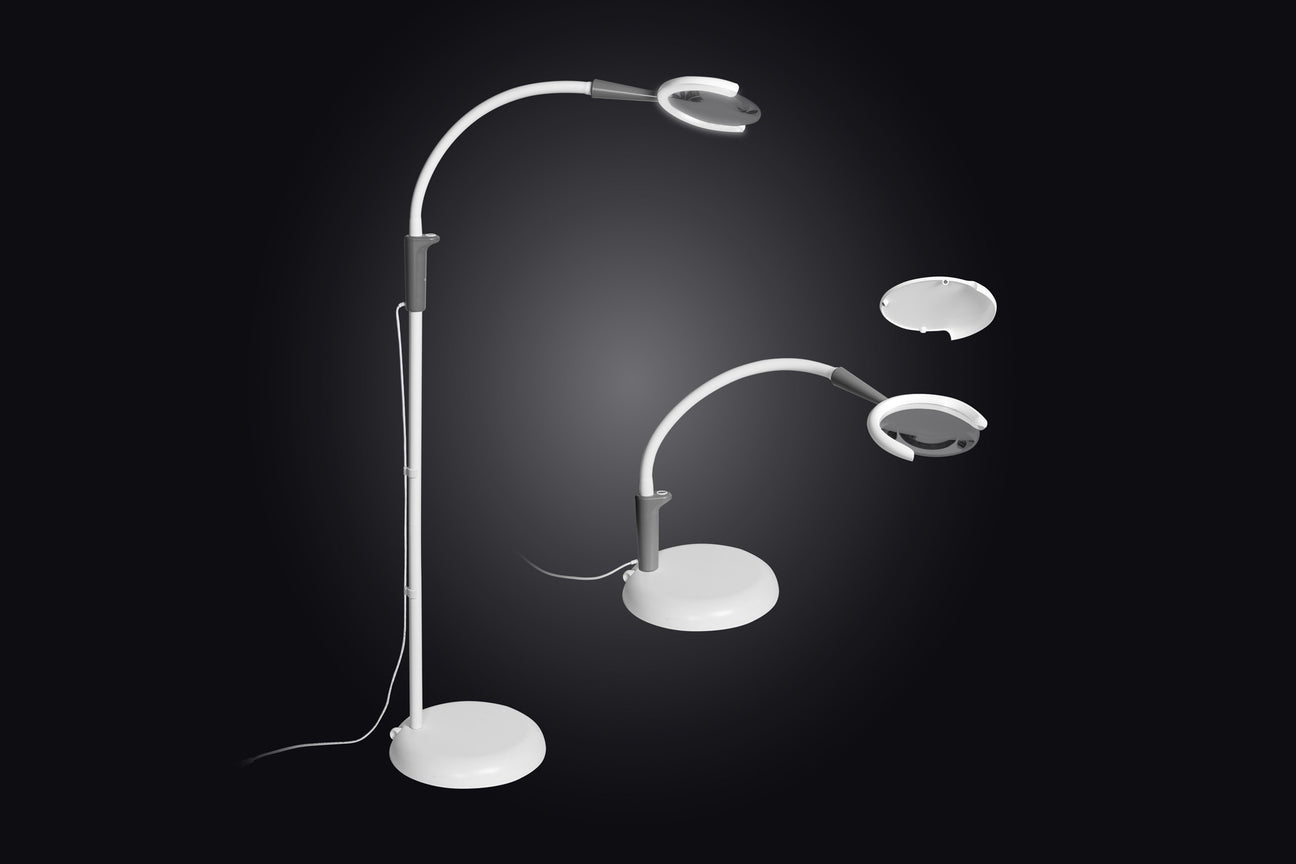 Daylight Magnificent Pro A25090 shown as floor magnifier, table magnifier and task lamp