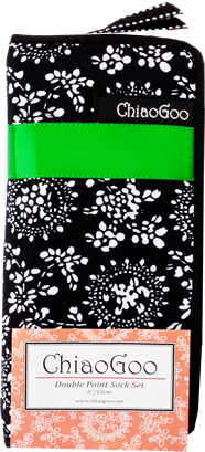 Closed black floral ChiaoGoo zippered DPN sock set case with exterior pocket