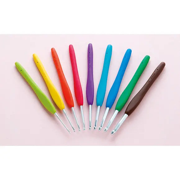 Nine colourful Clover Amour ergonomic crochet hooks from 2mm to 6mm