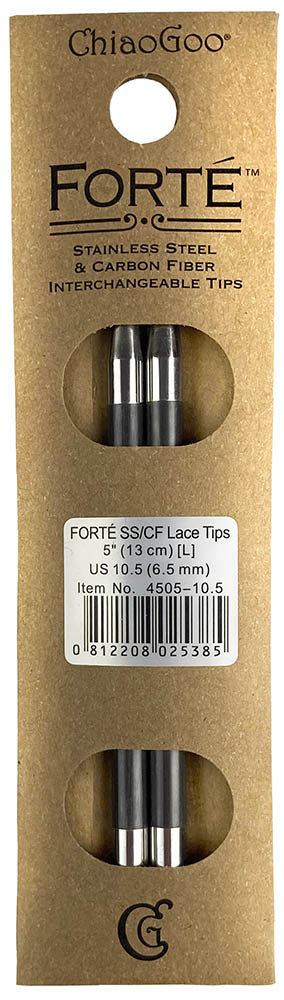 Packaged pair of ChiaoGoo FORTE 13cm stainless steel and carbon fibre interchangeable tips