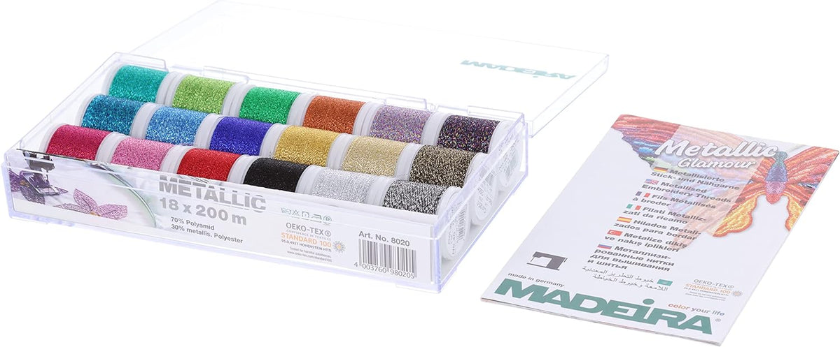 Madeira Metallic 40 Sparkling Supertwist Clear Box with eighteen 200m metallic embroidery thread spools
