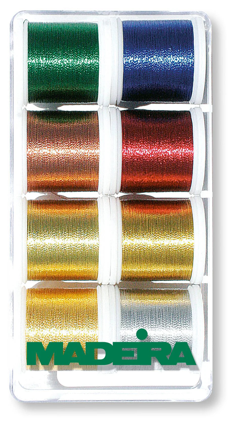 Madeira Metallic 40 Classic gift box with eight Brilliant and Smooth metallic embroidery thread spools