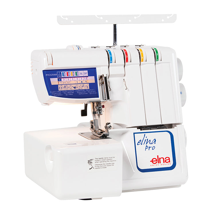 Elna Elina Pro overlocker, front view with colour-coded thread guides