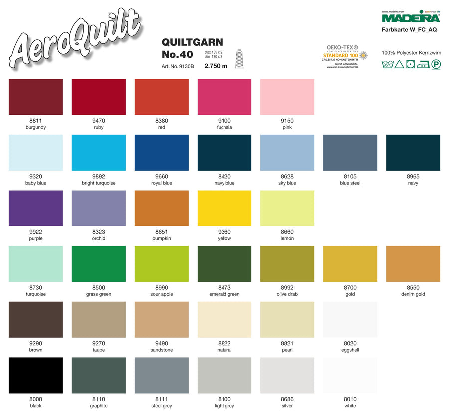Madeira AeroQuilt 40 solid-colour quilting thread cones in assorted shades