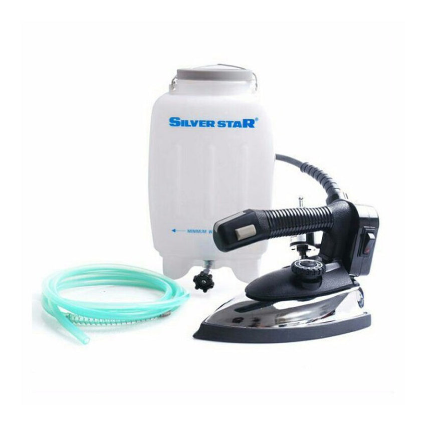 Silver Star ES-94A gravity-feed steam iron with elevated water bottle and hose