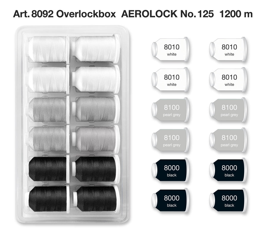 Madeira Aerolock 125 kit plan showing four 8000 Black, four 8010 White and four 8100 Pearl Grey spools