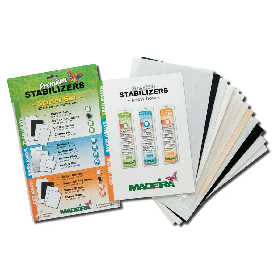 Madeira 9449 stabiliser starter set containing twelve backing samples and an instruction guide