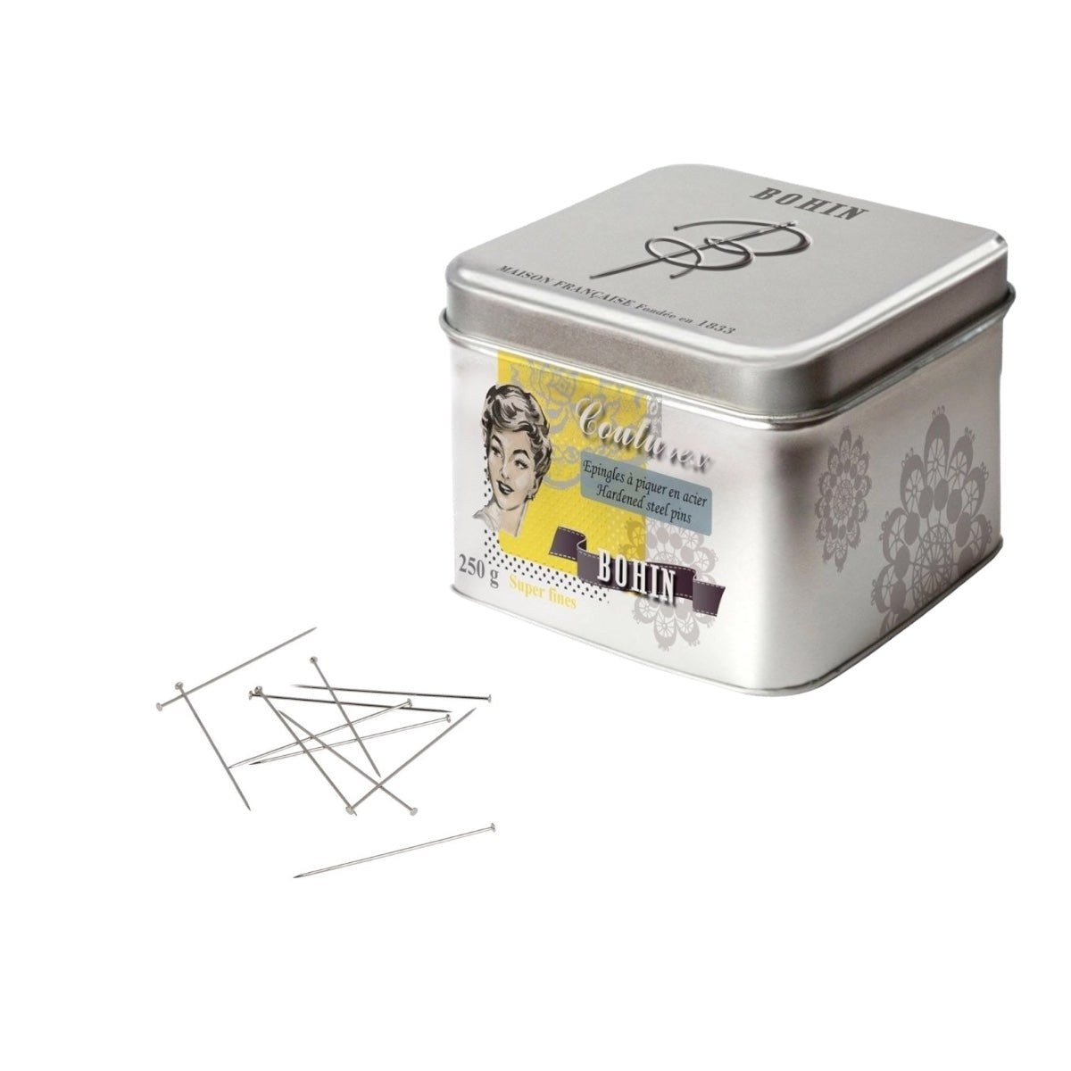 BOHIN Couturex 44312 super-fine dressmaker pins in 250g metal tin