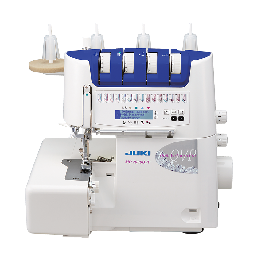 Juki MO-2000QVP air-threading overlocker with thread cones, front view