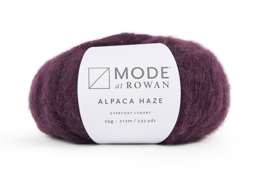 MODE at Rowan Alpaca Haze 2 ply lace yarn in Merlot 020 used for the Cassia cowl and beanie