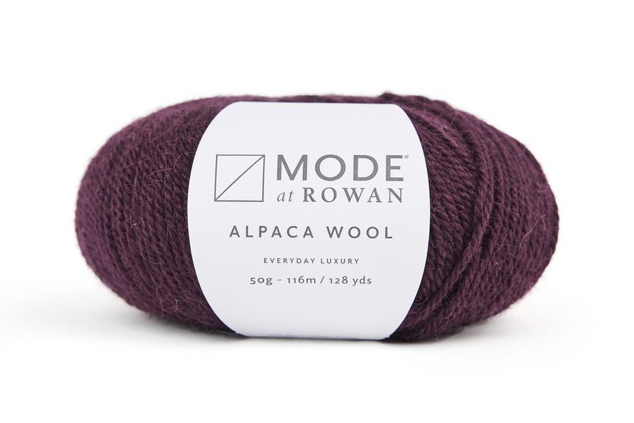MODE at Rowan Alpaca Wool DK yarn in Currant 020 used for the Cassia cowl and beanie