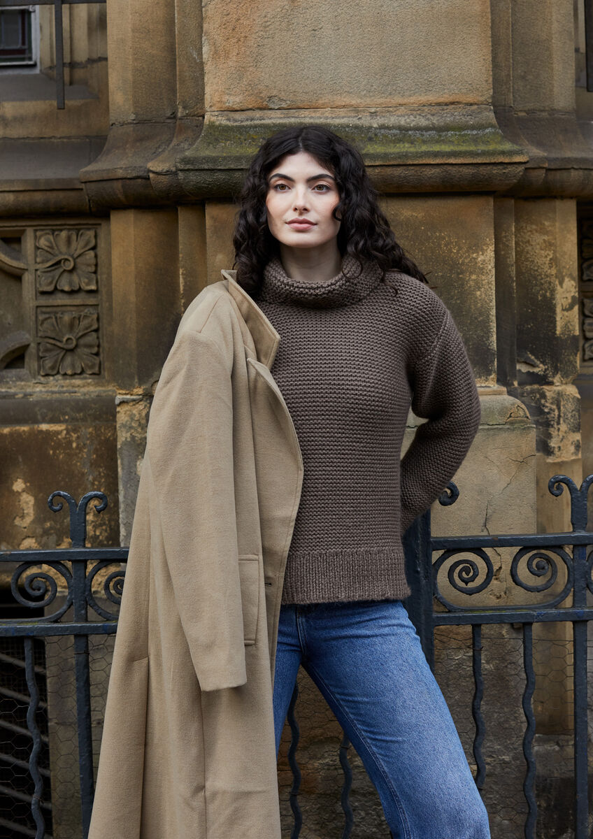Mode at Rowan Elowen Chunky Wool roll neck sweater knitting pattern MIP64