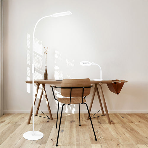 Triumph remote-control LED floor lamp beside a desk and chair