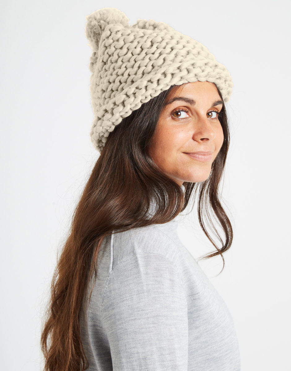 Wool and the Gang Happy Daze Beanie Knitting Pattern for Crazy Sexy Wool, finished design example