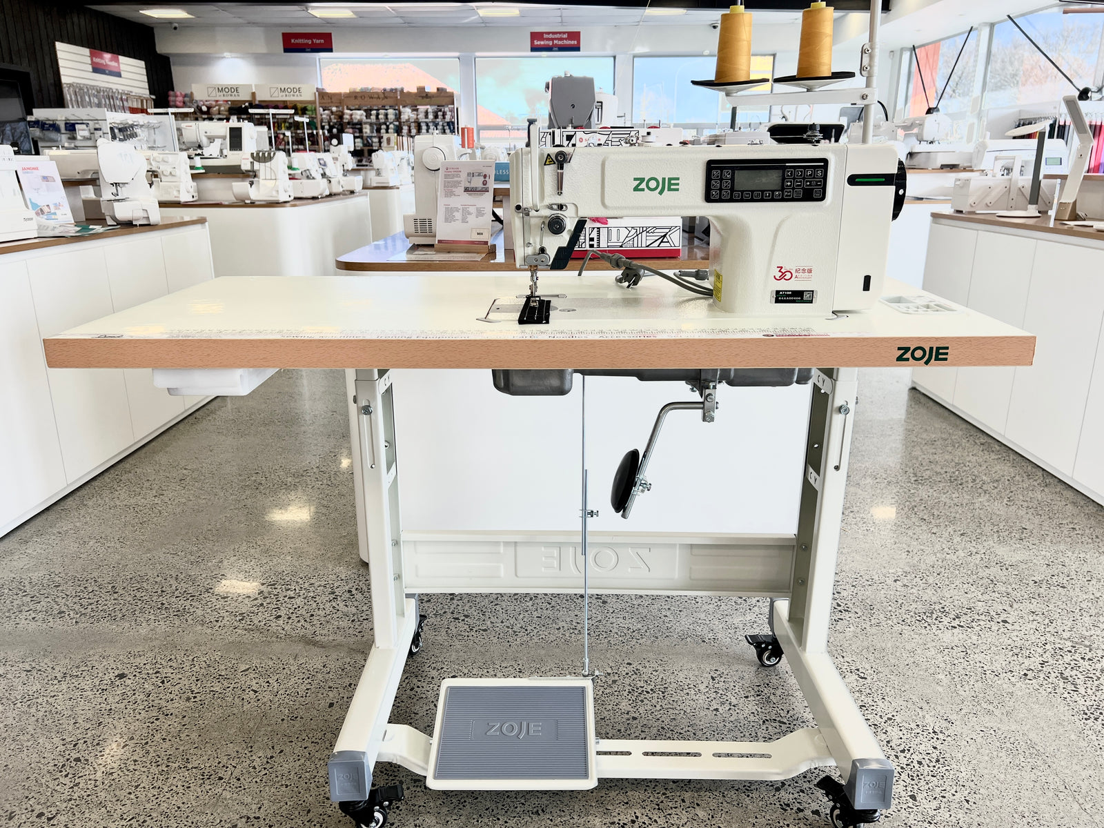 Front view of the Zoje A7100 industrial sewing machine in the Direct Sewing showroom