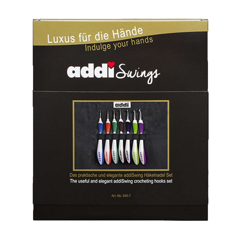 addiSwing ergonomic crochet hooks showing curved handles and aluminium hook heads