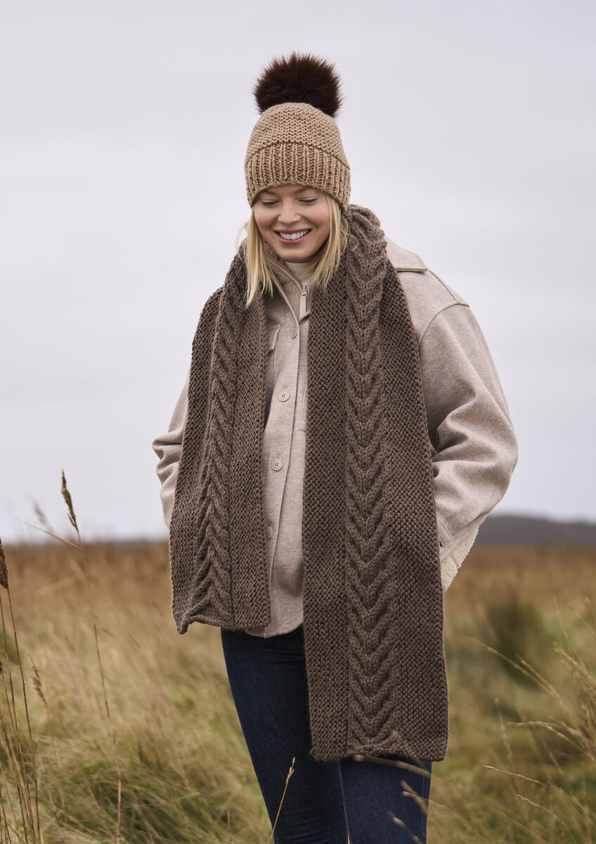 Mode at Rowan Highoak and Isle Chunky Wool hat and cabled scarf knitting pattern