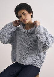 Mode at Rowan Kessingland Knitting Pattern – Chunky Wool Fisherman Rib Sweater, finished design example