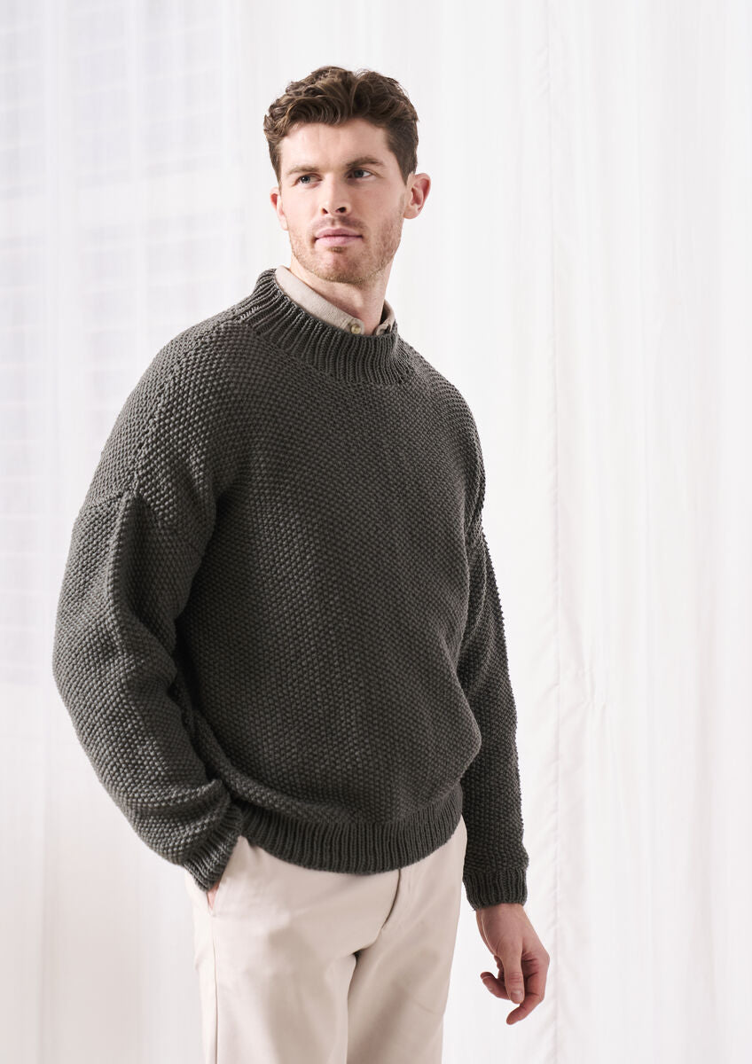 Mode at Rowan Oulton mens Merino Soft moss stitch sweater knitting pattern