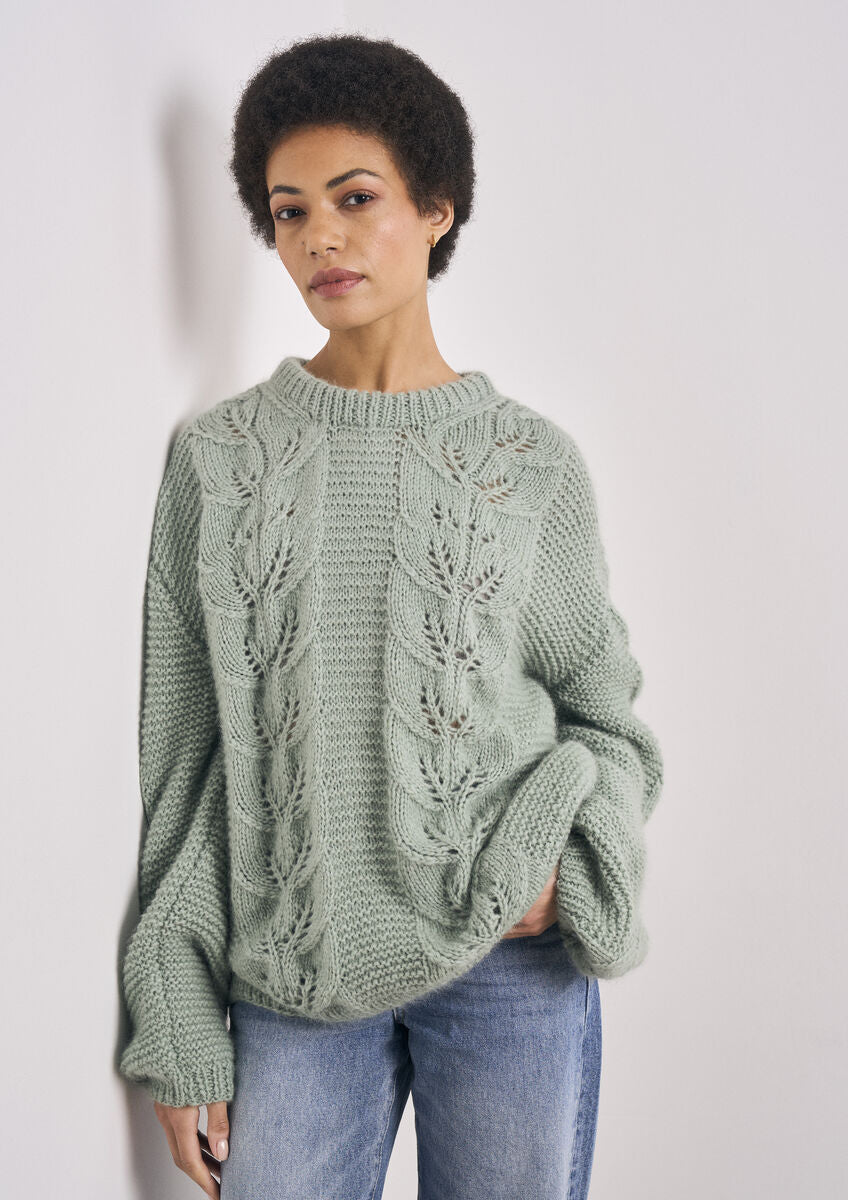 Mode at Rowan Denes Knitting Pattern – Softest Alpaca Lace Panel Sweater, finished sweater design shown from the front