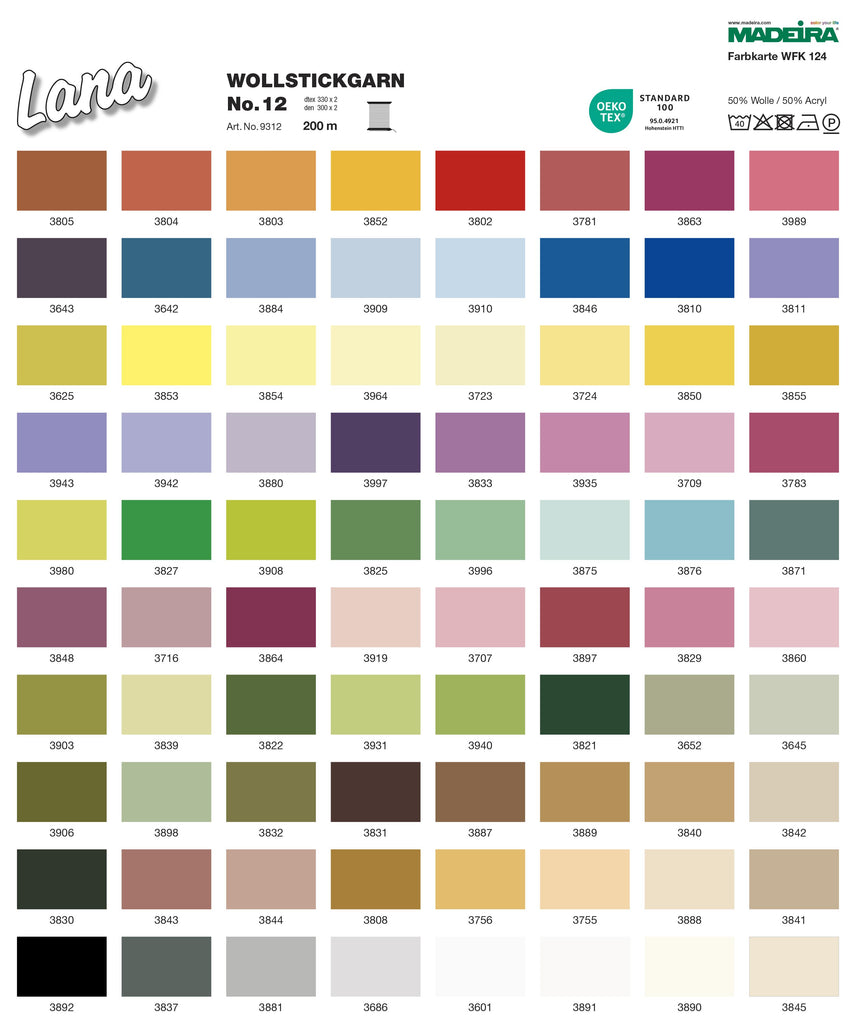 Color swatch chart for Madeira Lana wool embroidery thread with various color samples.
