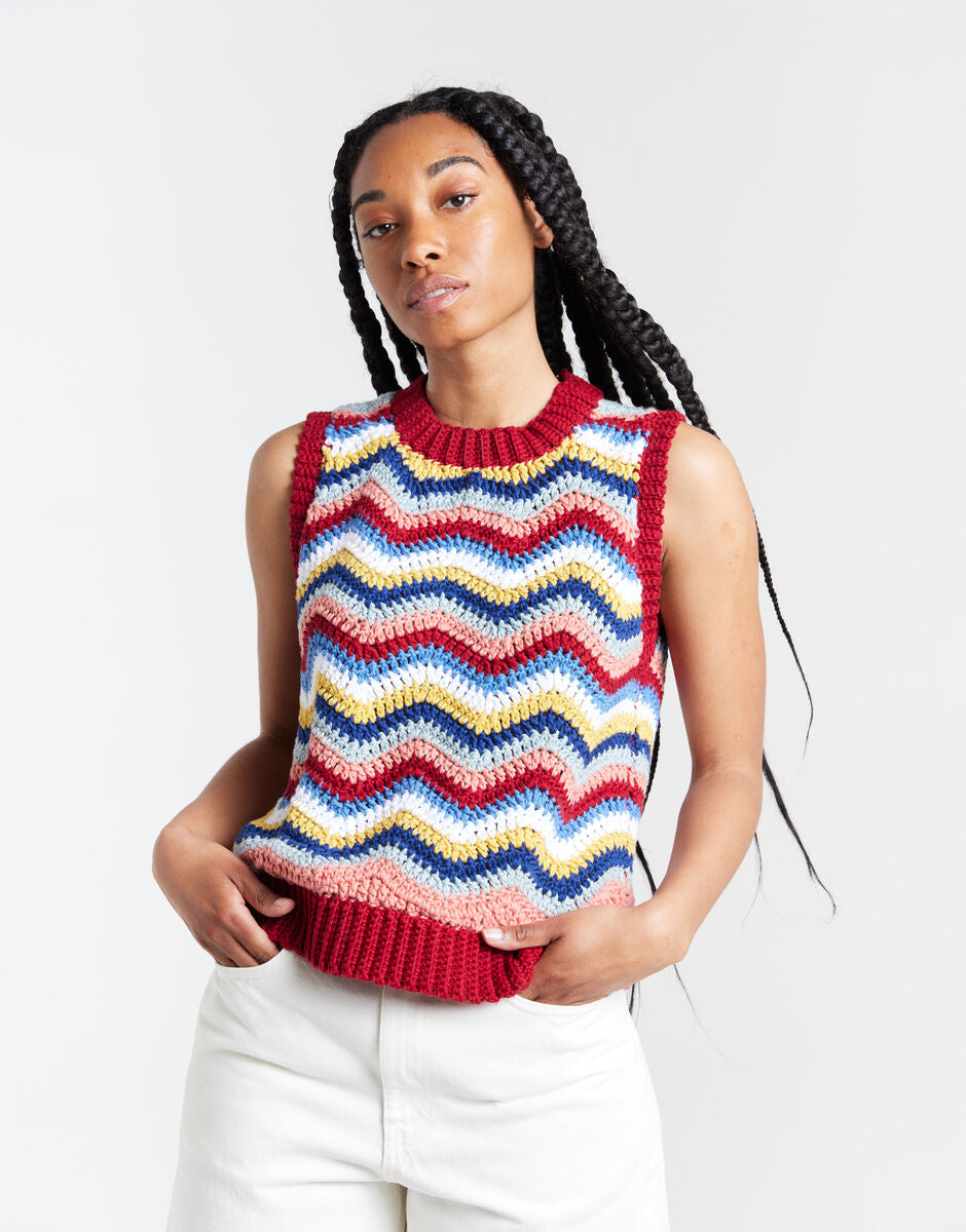 Wool and the Gang Malibu Tank Crochet Pattern for Shiny Happy Cotton, finished design example