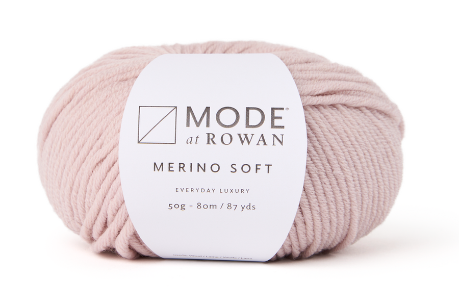 MODE at Rowan Merino Soft 10 ply yarn in Blush 012 for the Holkham hat and scarf knitting pattern