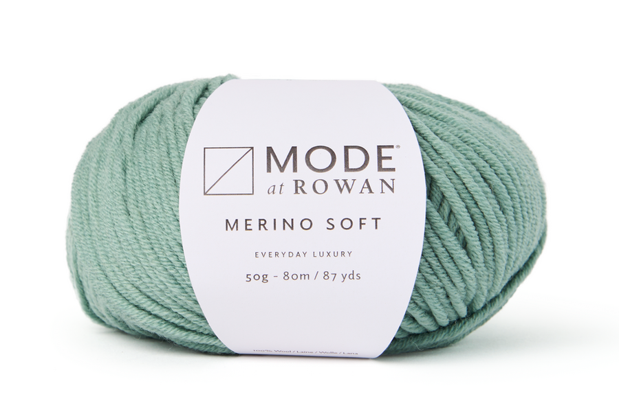 MODE at Rowan Merino Soft 10 ply yarn in Sage 019 for the Pedham sweater knitting pattern