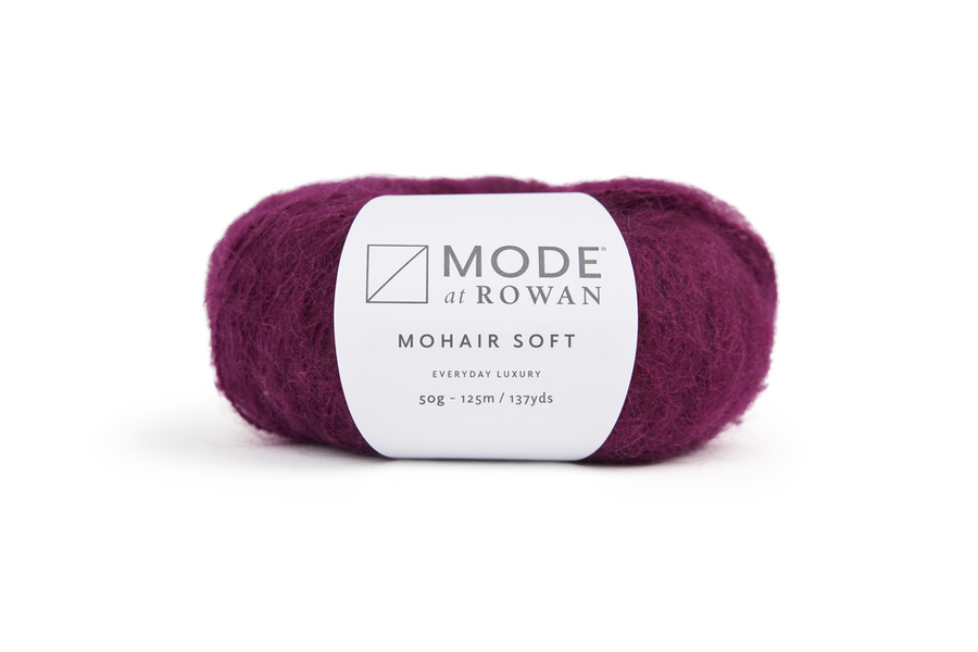 MODE at Rowan Mohair Soft yarn in Wine 208 used for the Aeron full-length cardigan