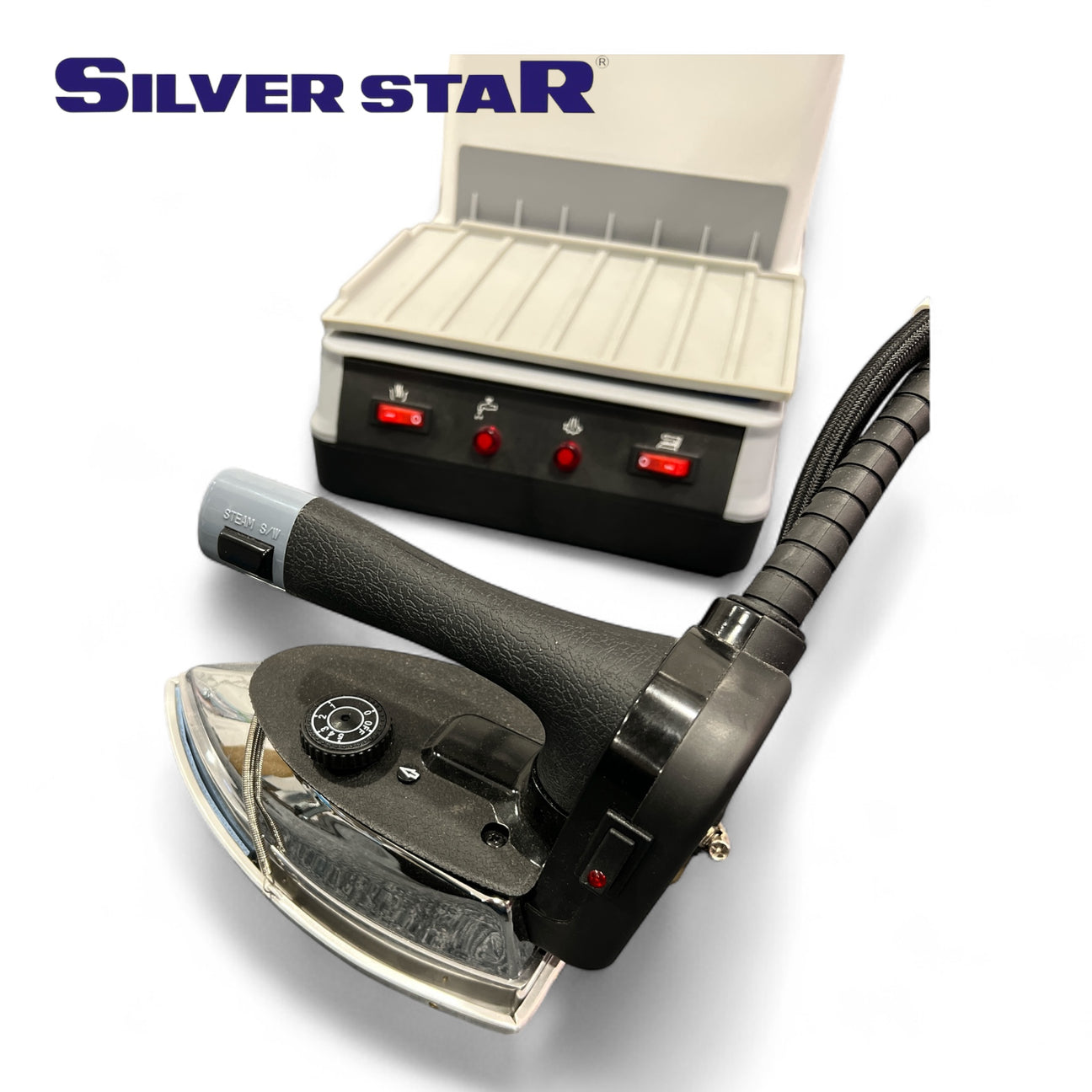 Close view of the Silver Star SR-5800 iron, steam hose and boiler controls