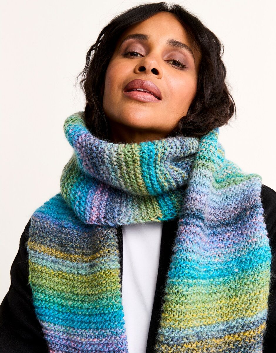 Sirdar Strata Tie-Style Scarf Knitting Pattern in Jewelspun With Wool Chunky, finished design example