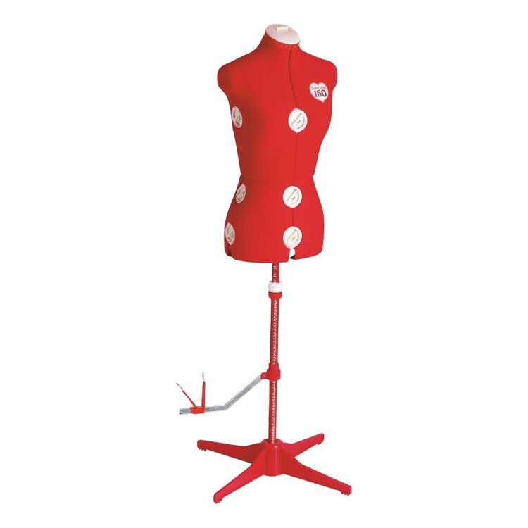 Red SINGER 150 adjustable small-medium dress form mannequin with hem guide and pedestal stand