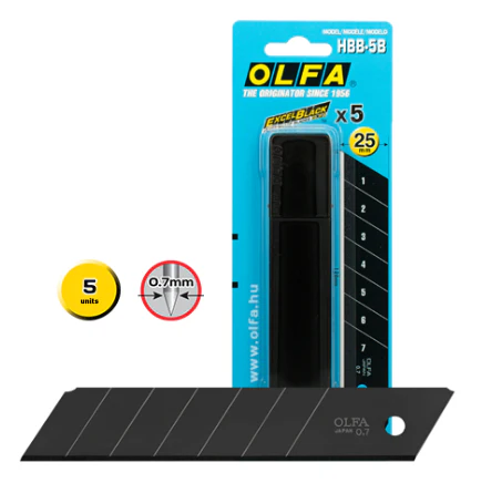 OLFA 25 mm HBB Ultra‑Sharp Black Snap-Off Blade – 5 Pack
