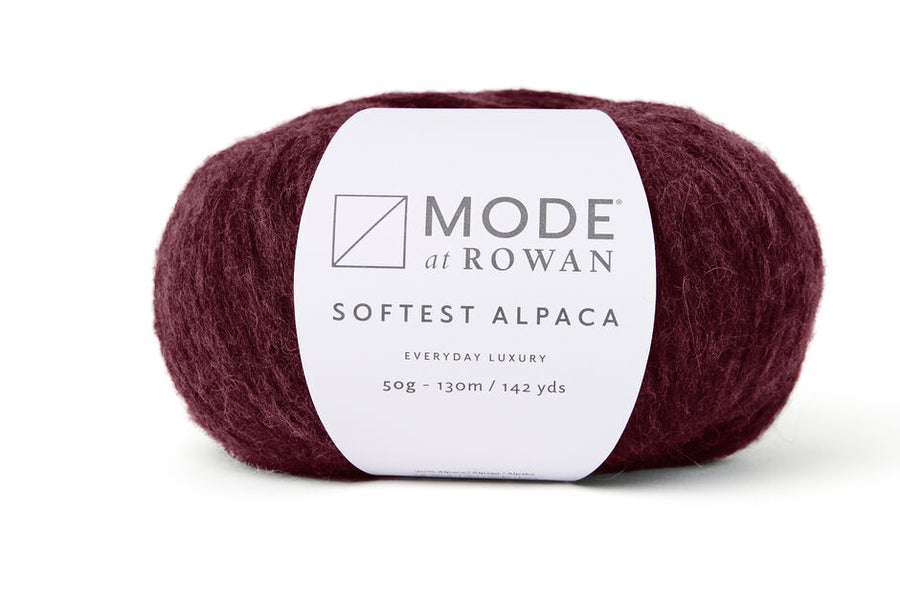 MODE at Rowan Softest Alpaca Aran 10 ply yarn in Cranberry 020 used for the Bryony hat and scarf