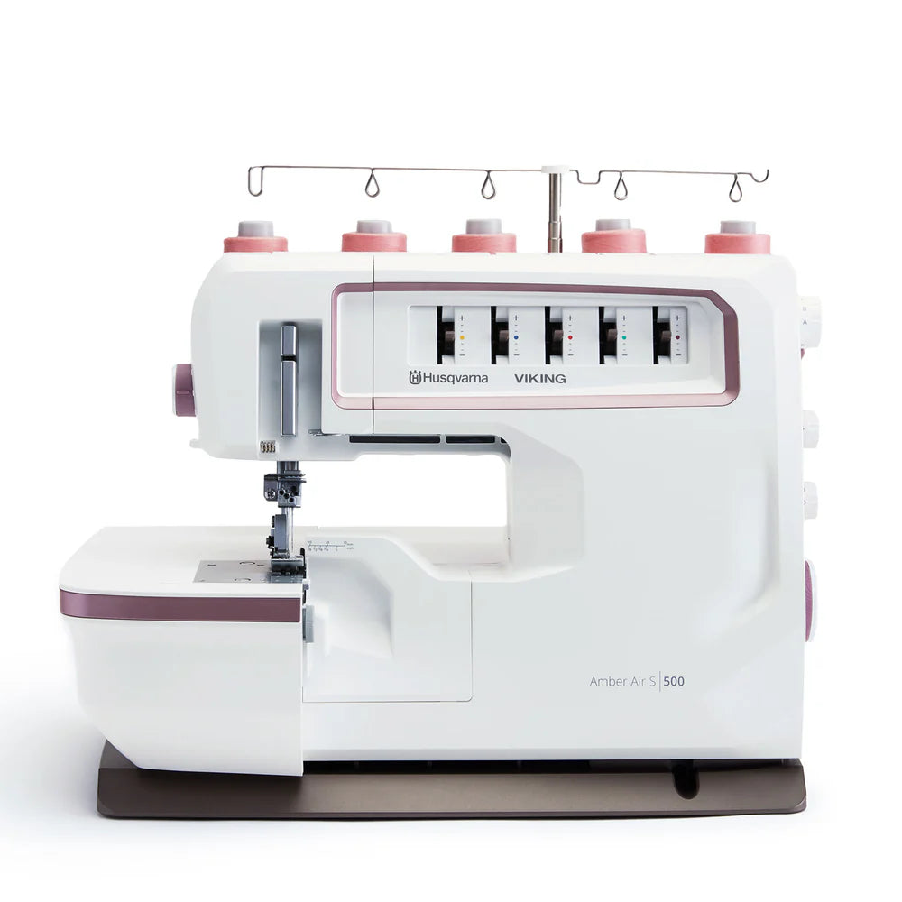 Husqvarna Viking Amber Air S500 coverlock machine, front view