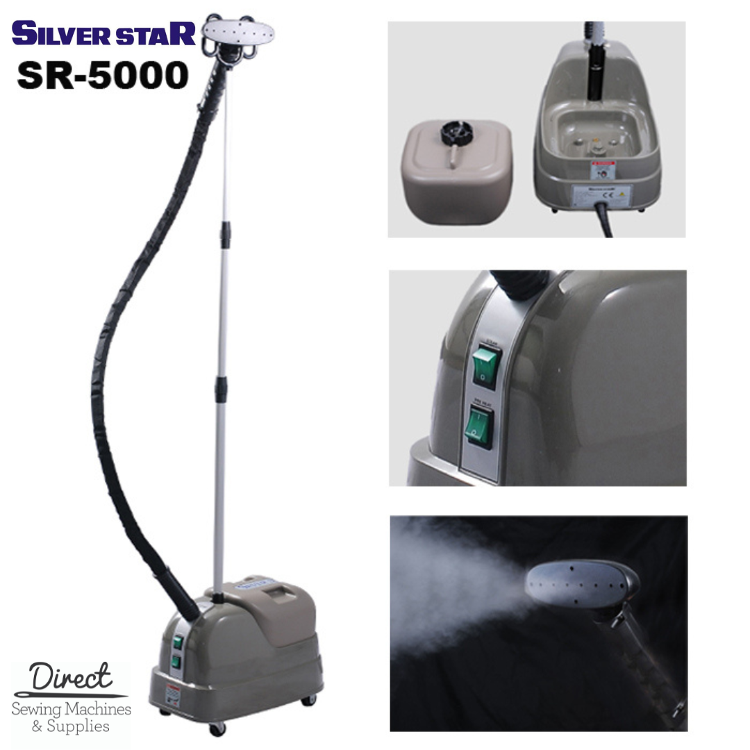Silver Star SR-5000 garment steamer showing removable tank, switches and steam output