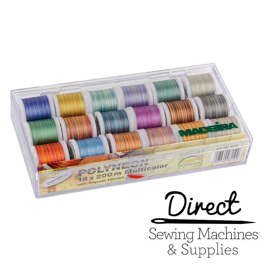 Madeira Polyneon 40 Multicolour Clear Box with eighteen 200m variegated embroidery thread spools