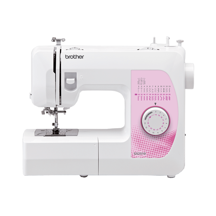 Brother GS2510 mechanical sewing machine with pink panel, front view