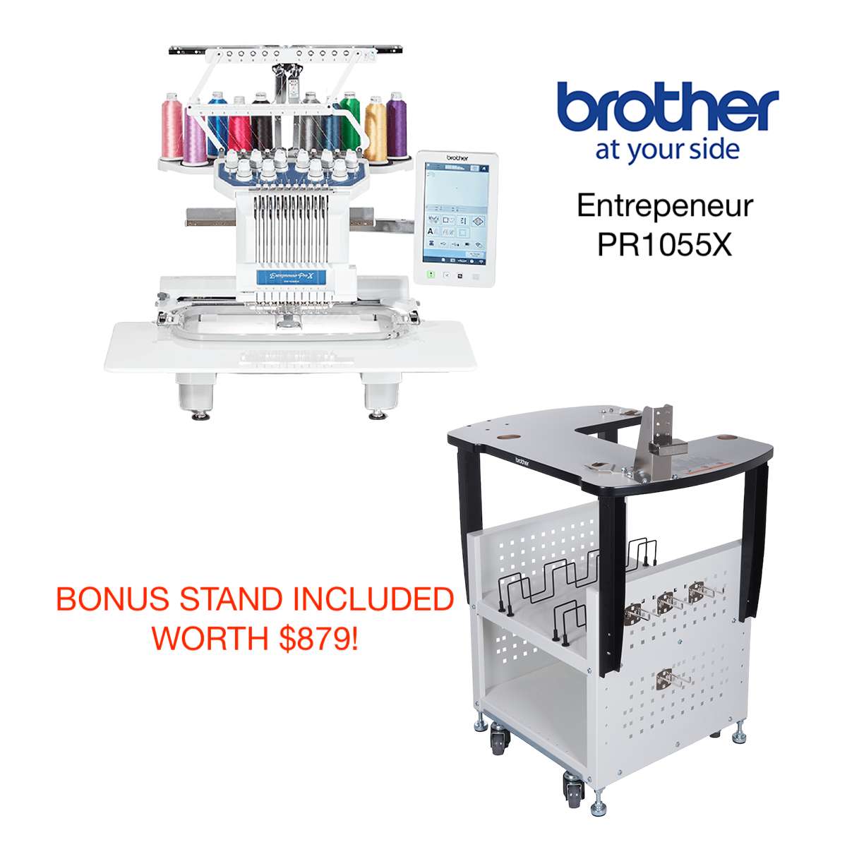 Brother PR1055X ten-needle embroidery machine and stand