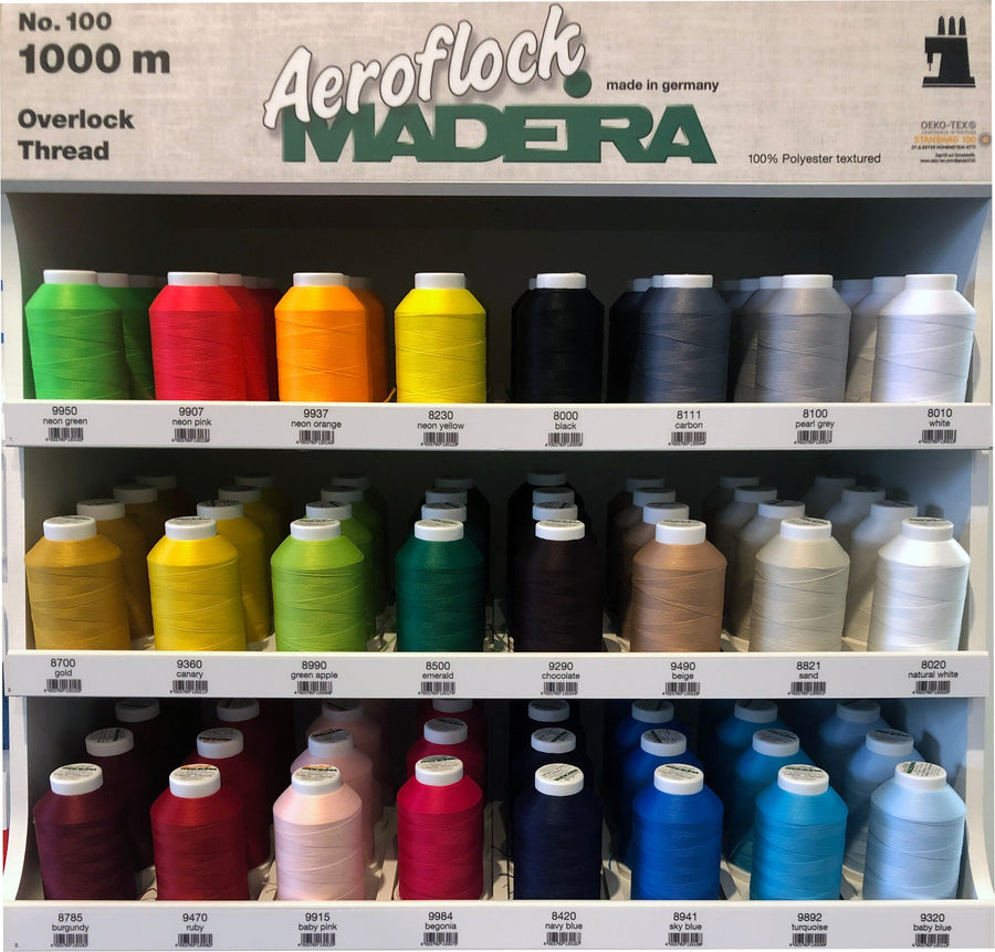 Madeira Aeroflock fluffy overlocker looper thread display in 24 colours