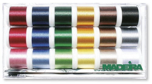 Madeira Polyneon 40 clear box embroidery thread set with 18 colourful 400m spools