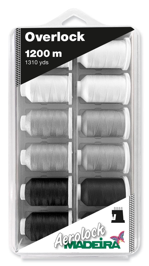 Madeira Aerolock 125 overlocker thread setup kit with 12 black, white and pearl grey 1200m Minikings